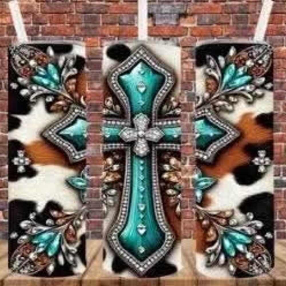 Turquoise Cross Tumbler with Cow Print